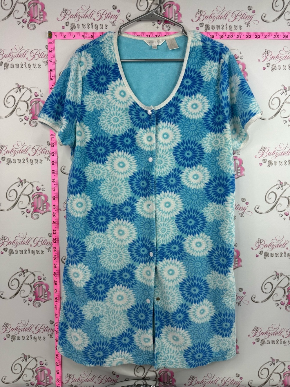 Vanity Fair dress button up terry cloth coverup Blue White Floral Midi Dress